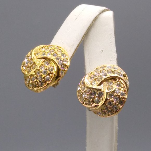 Vintage ROMAN Pave Crystal Knot Earrings, Gold Tone Studs - Picture 3 of 5